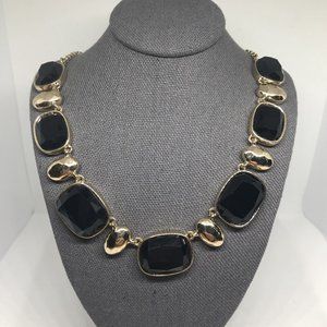 Monet Vintage Gold Tone Statement Necklace With Square Black Stones: 16-18”